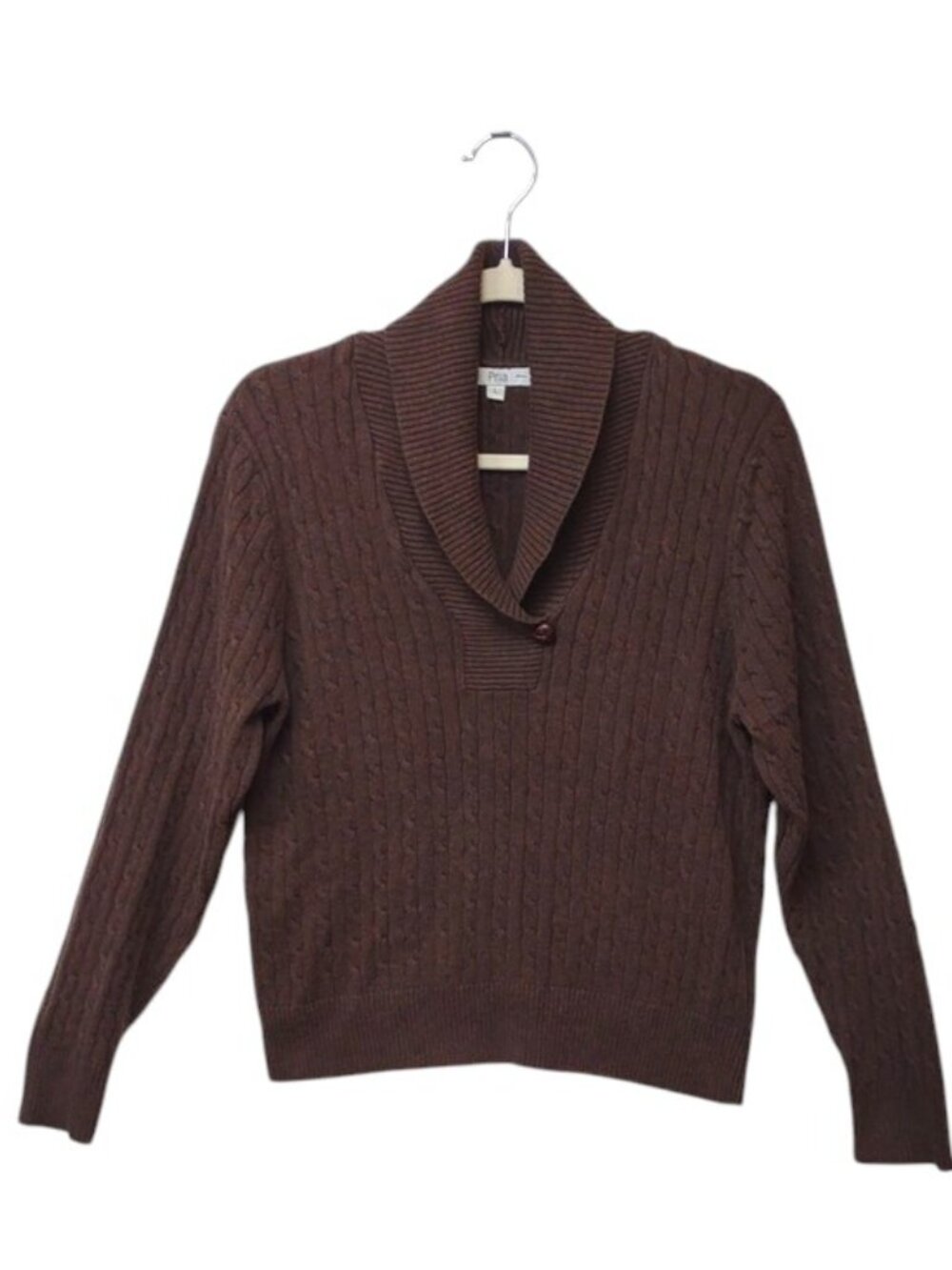 Pria Women's Chocolate Brown LS 100% Cotton Shawl-Collar Cable-Knit Sweater
